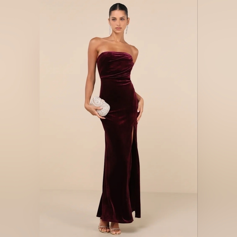 Lulus Perfectly Captivating Plum Purple Velvet Strapless Maxi Dress S Wedding - Picture 2 of 9